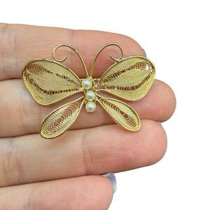 Vintage Napier Mesh Butterfly Brooch Pin Gold Tone Butterfly with pearls